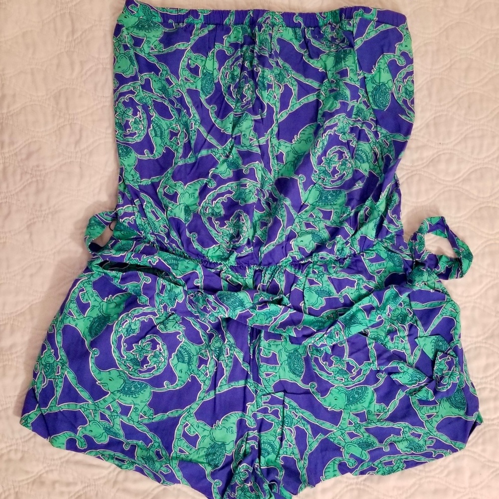 Lilly Pulitzer Strapless Romper w/ Pockets Blue w/ Green Elephants Size L